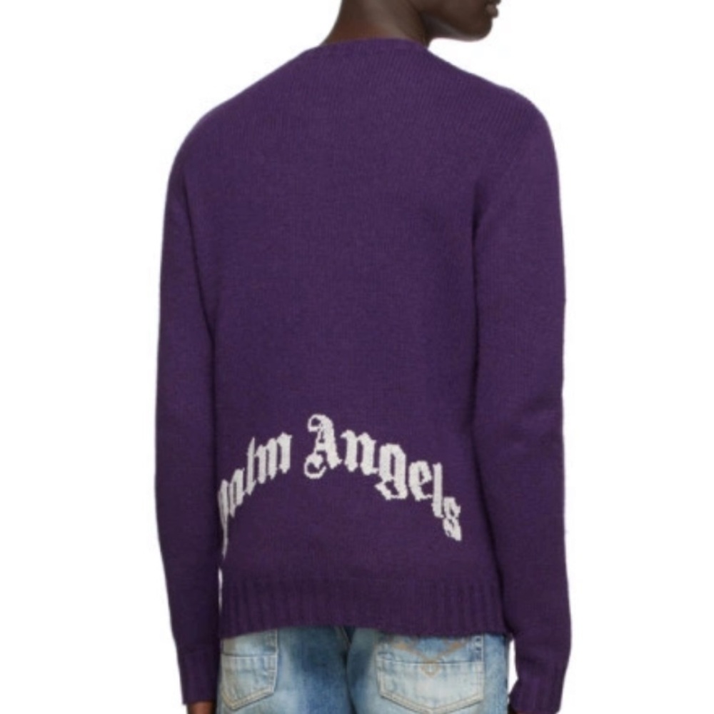 Palm Angels Knit Wool Crewneck Sweater Size M Purple Logo Streetwear Relaxed